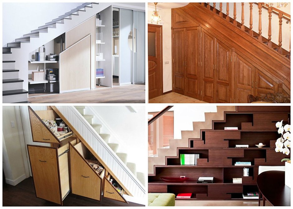 Полки под деревянной лестницей