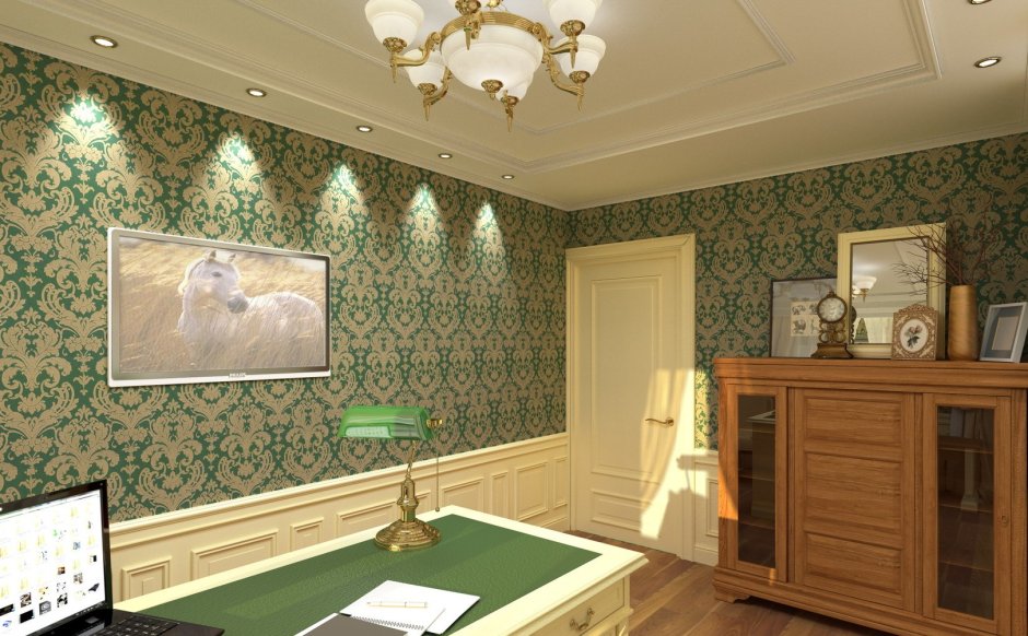 Кабинет с зелеными обоями