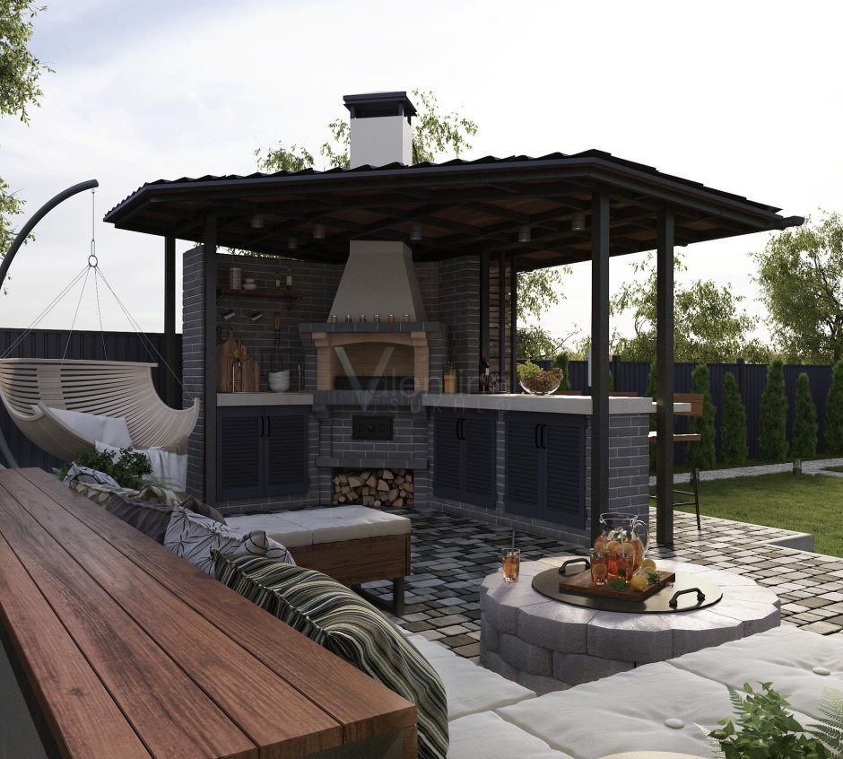 Беседка с мангальной зоной с односкатной крышей