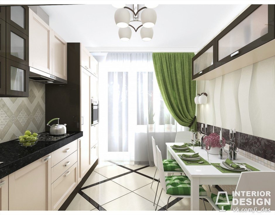 Белая кухня с зелеными акцентами