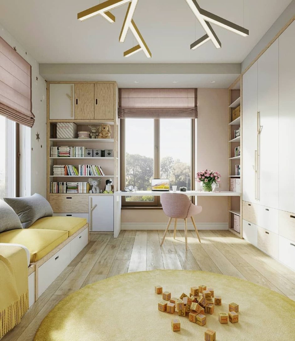 Прямоугольная детская комната для девочки