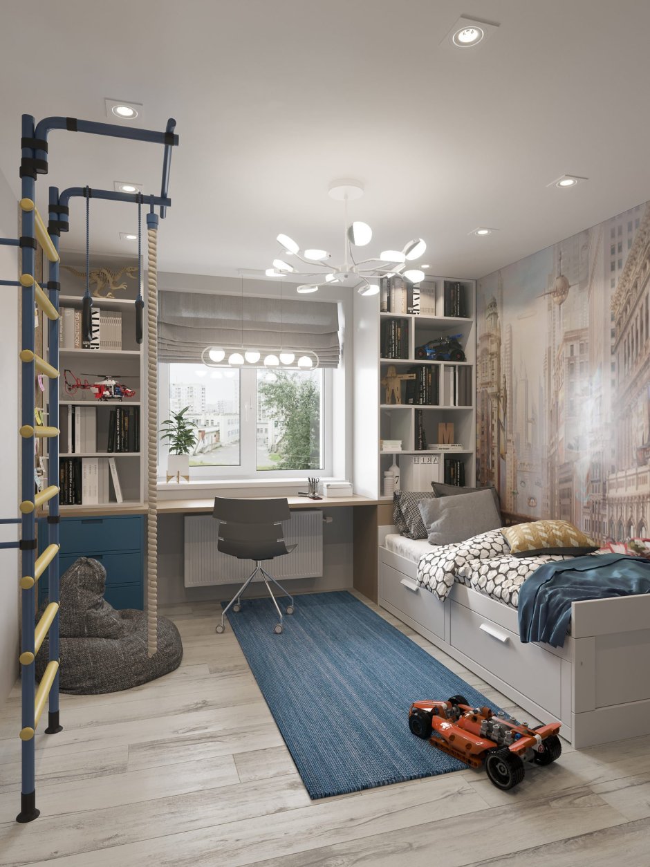 Узкая вытянутая спальня