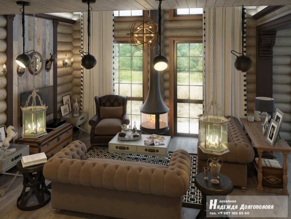 Стильный интерьер в доме из бревна
