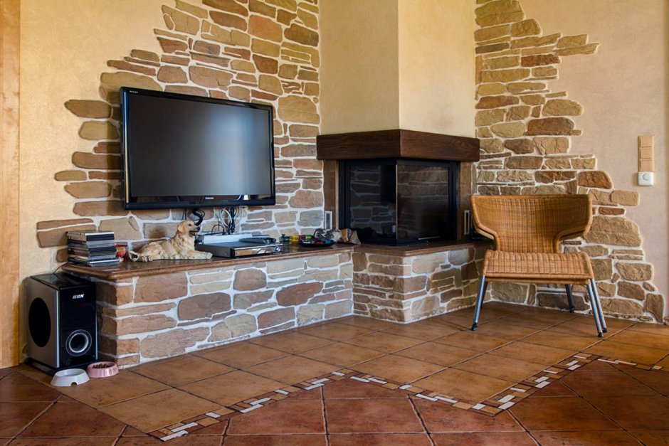 Отделка камина плиткой под кирпич