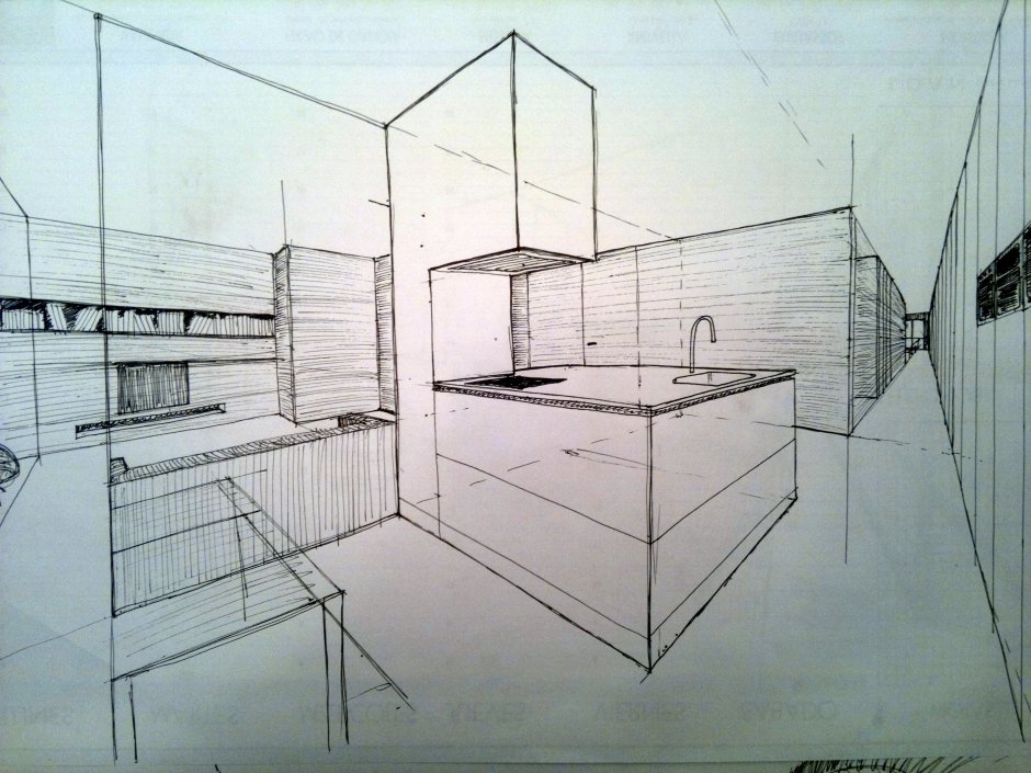 Угловая перспектива интерьера кухни