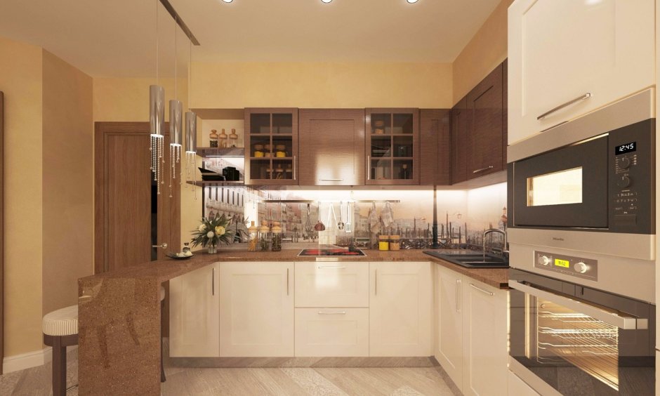 Кухня в бежевом и коричневом цвете