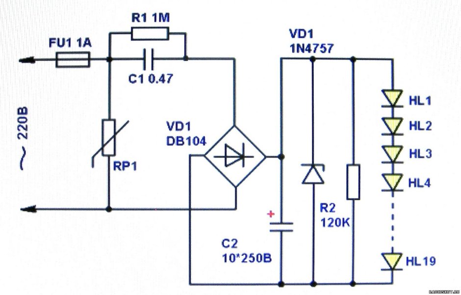 Схема светодиодной лампы с гасящим конденсатором
