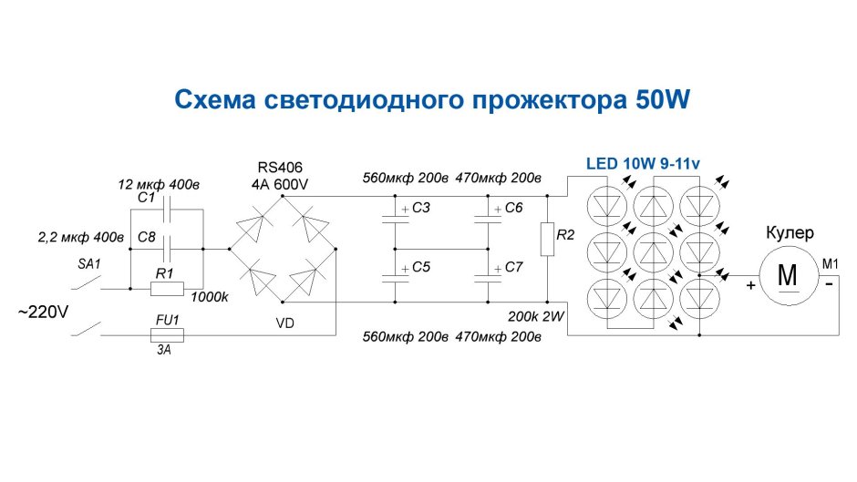 Схема светодиодного прожектора 50 Вт 220в