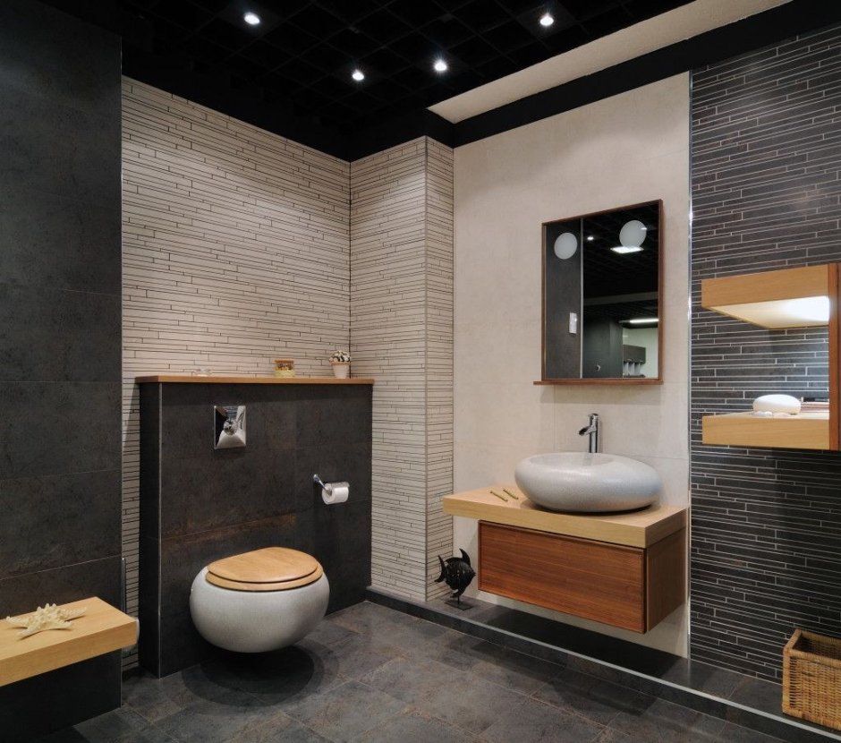 Плитка под темное дерево в ванной