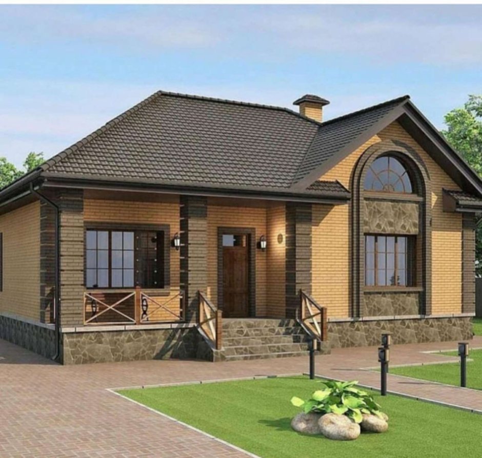 Одноэтажный дом коричневый кирпич