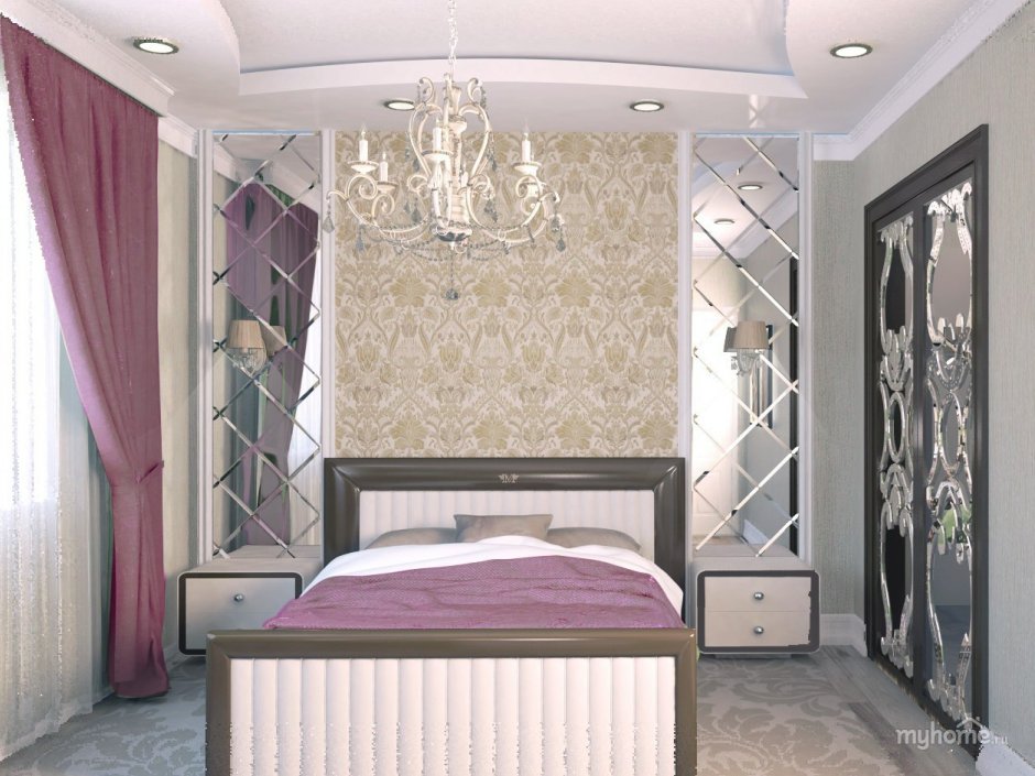 Зеркальные вставки в спальне