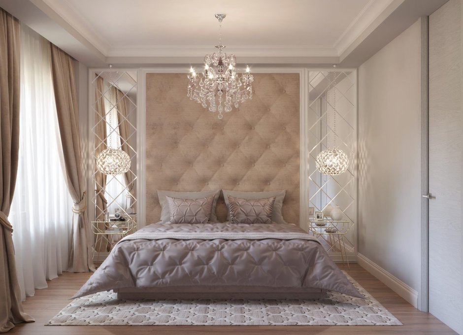 Зеркальная плитка в спальне над тумбочками