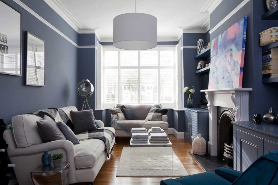 Интерьер современный стиль сине-серый гостинная