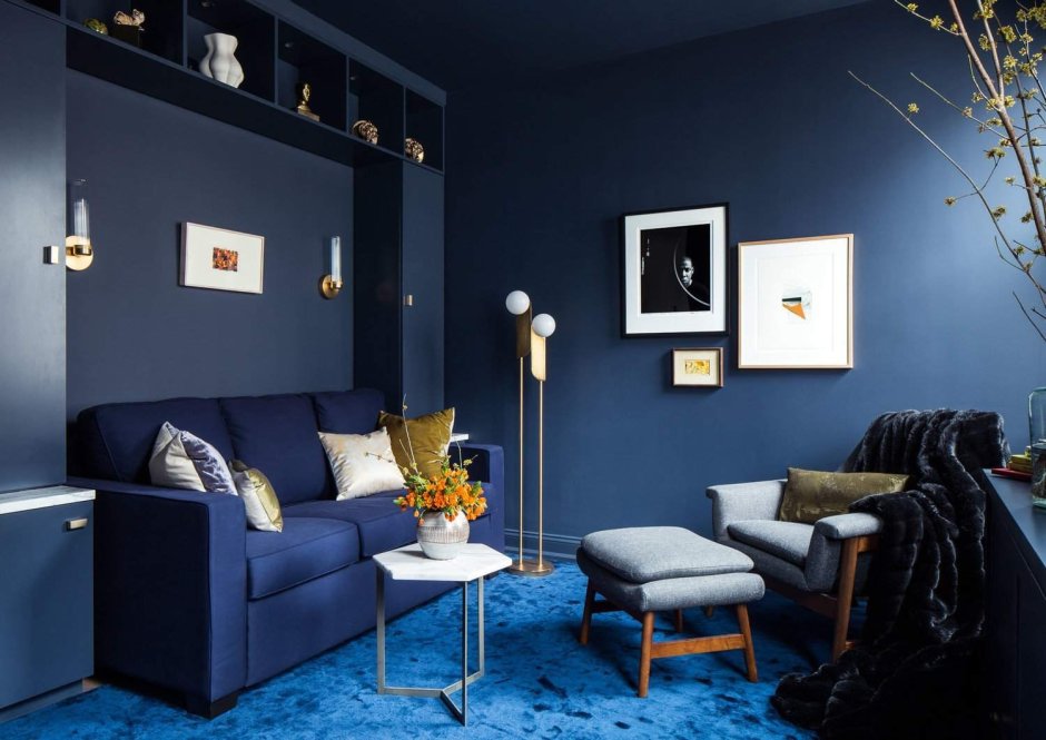 Гостиная в серо синих тонах в современном стиле