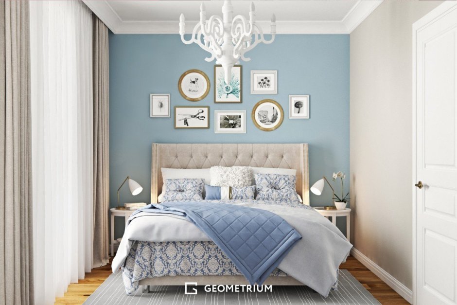 Спальня в голубых тонах в скандинавском стиле