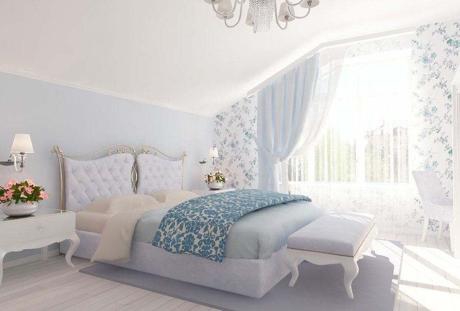 Спальня в бело голубых тонах в стиле Прованс