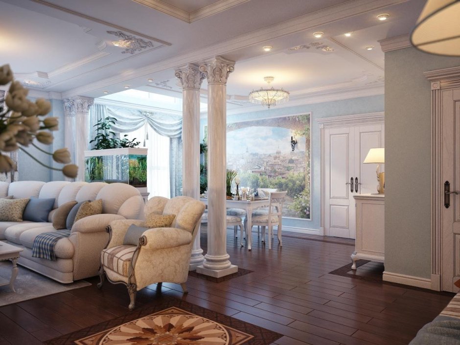 Колонны в интерьере гостиной