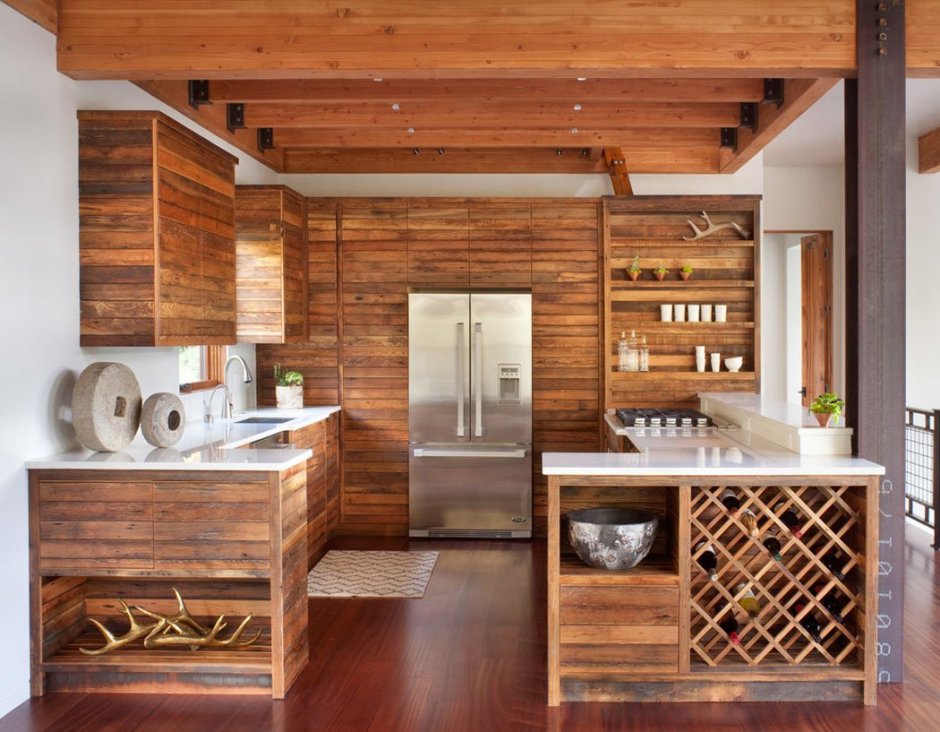 Кухня в стиле Сканди в деревянном доме