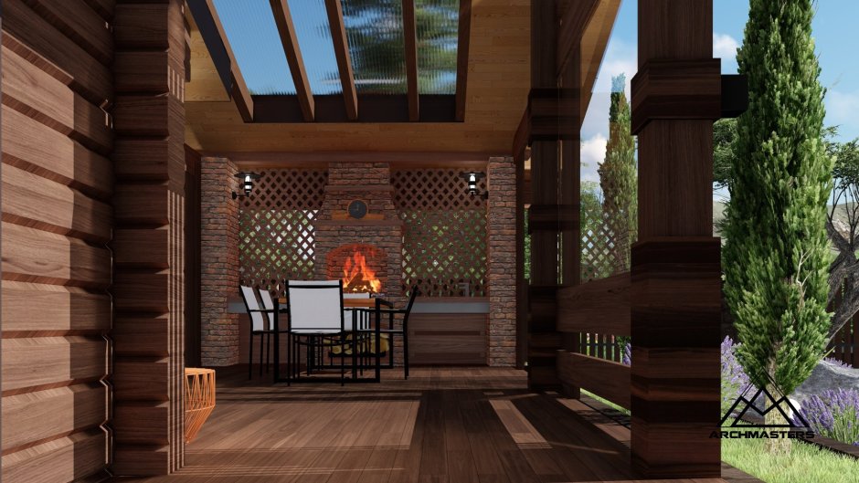 Баня с террасой и мангальной зоной и бассейном под крышей