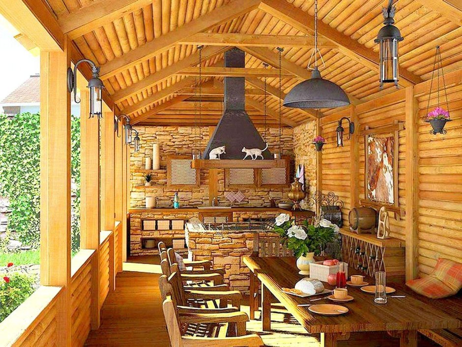 Баня с террасой и барбекю патио