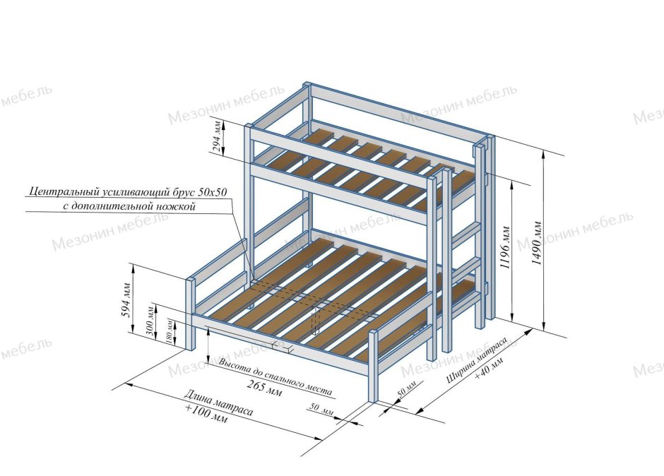 Чертеж двухъярусной кровати 200х90