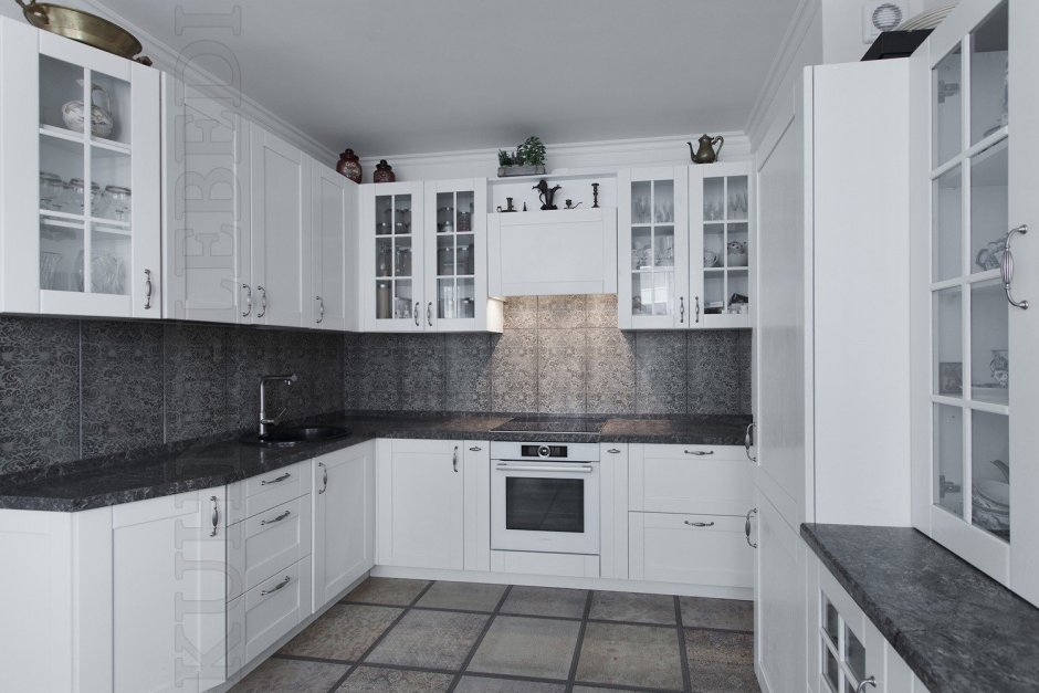 Белая кухня с серой столешницей