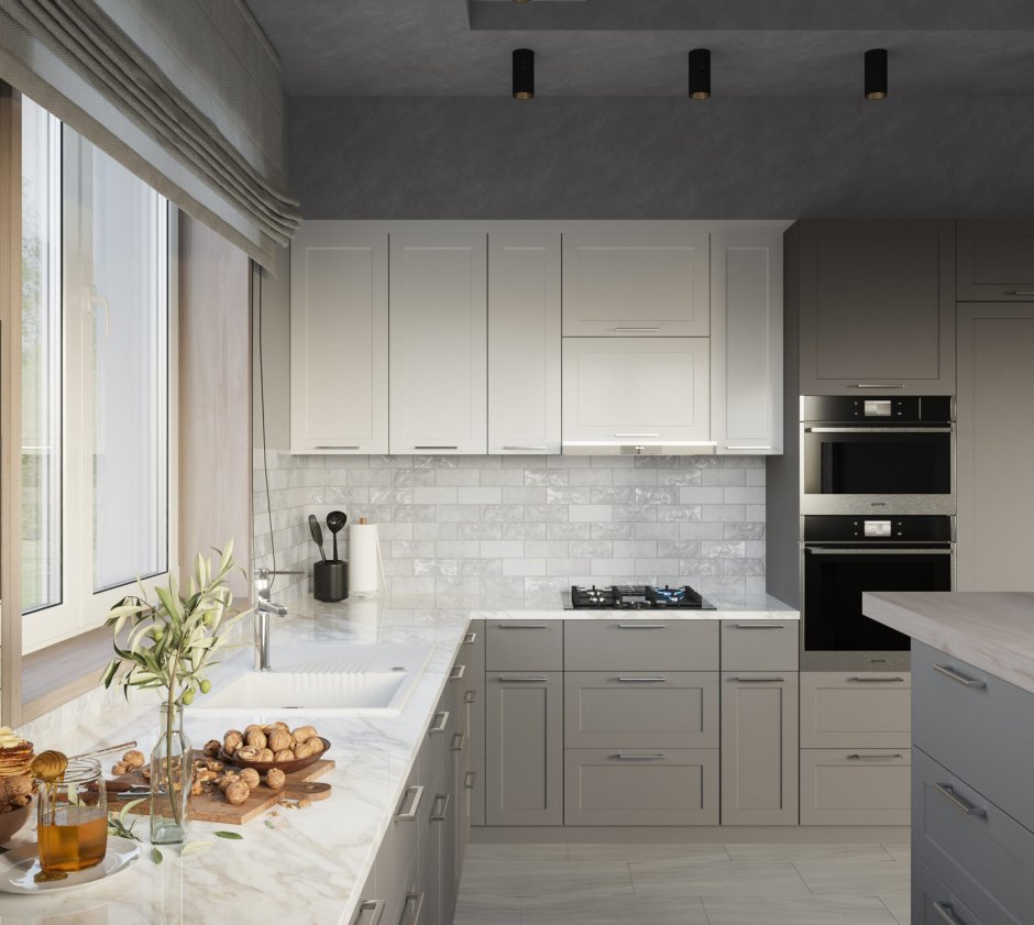 Белая кухня с темной столешницей