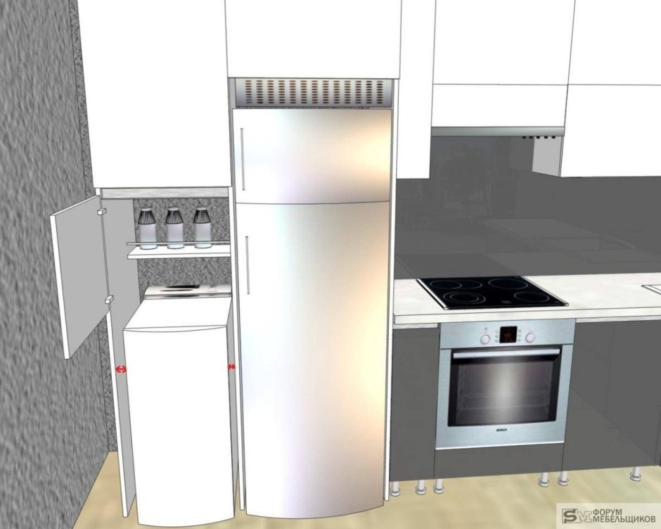 Плита рядом с холодильником на кухне