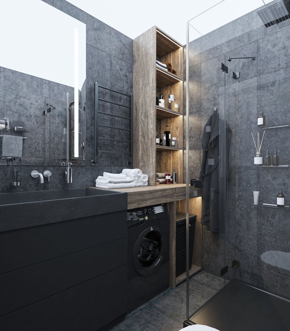 Темный интерьер ванной комнаты