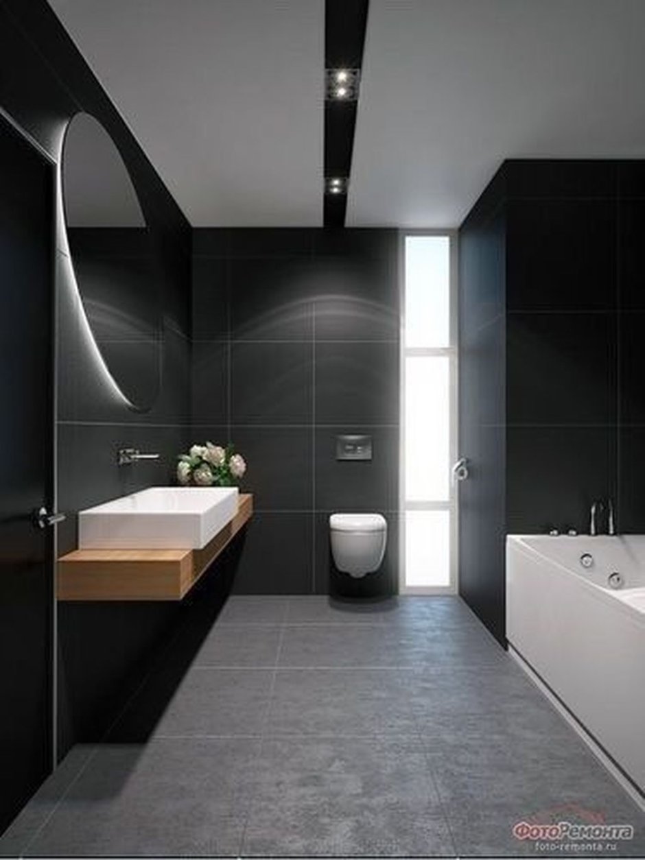 Темно серая плитка в ванной