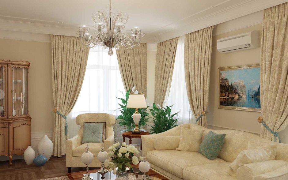 Бежевые шторы в гостиной