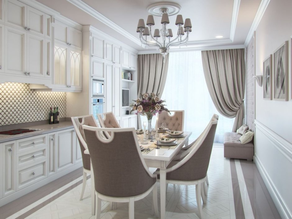 Белая кухня с бежевыми обоями