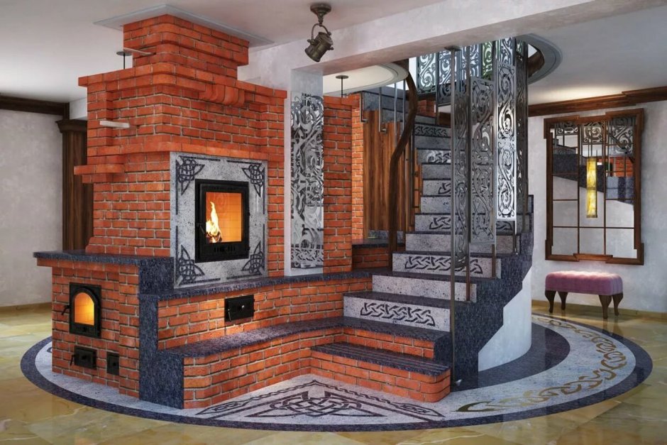 Потолок в гостиной с камином каменным