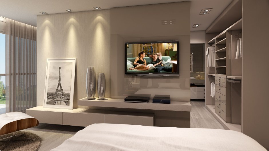 Телевизор на стене в спальне