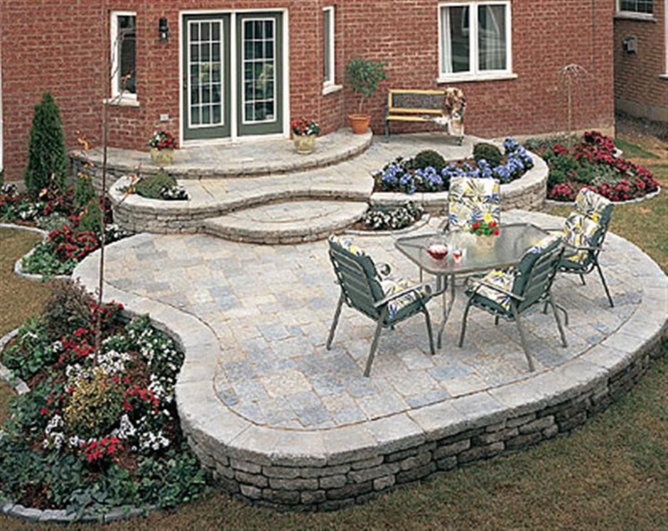 Ландшафт двора с клумбами и выложенными камнем