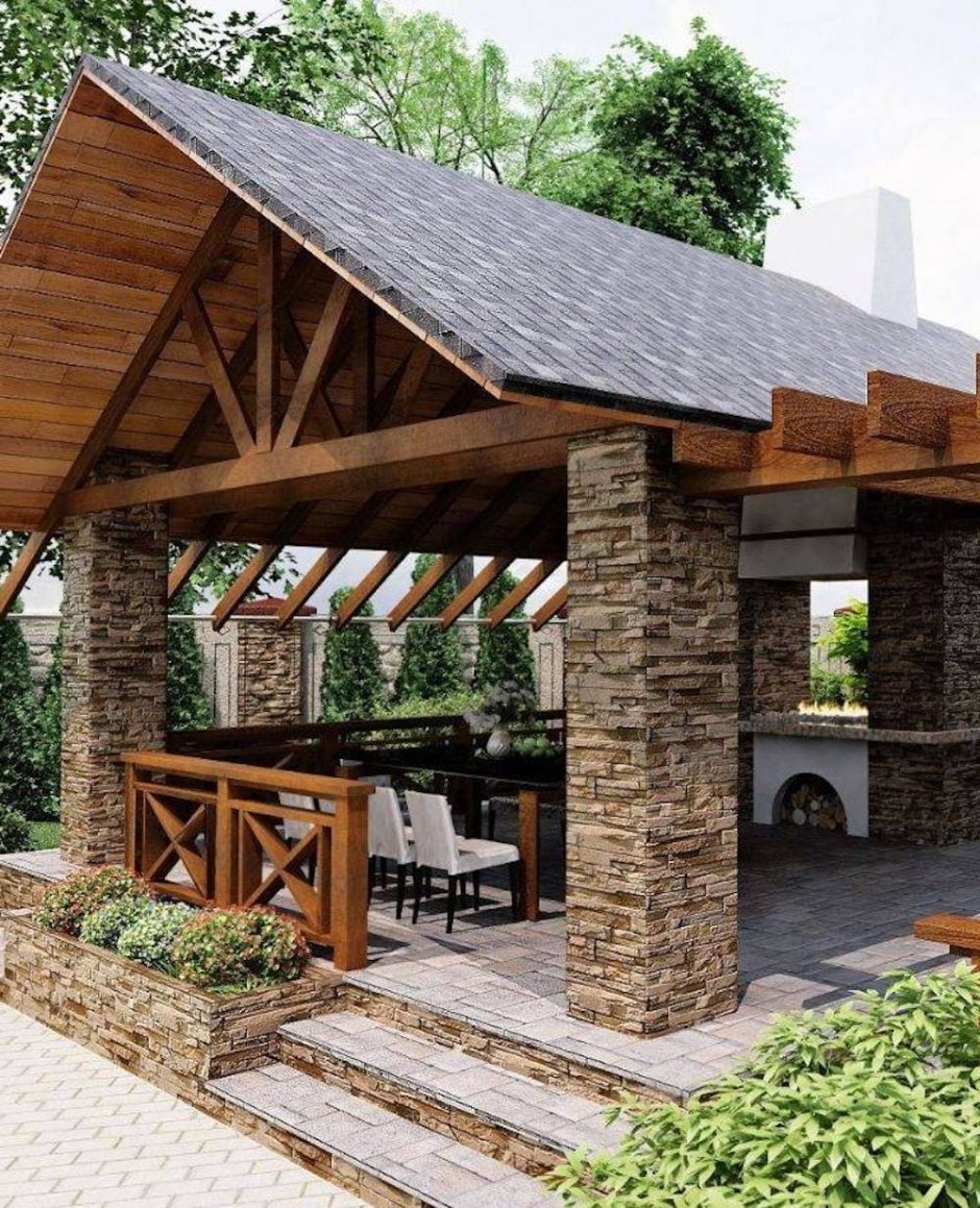 Беседка из камня и дерева