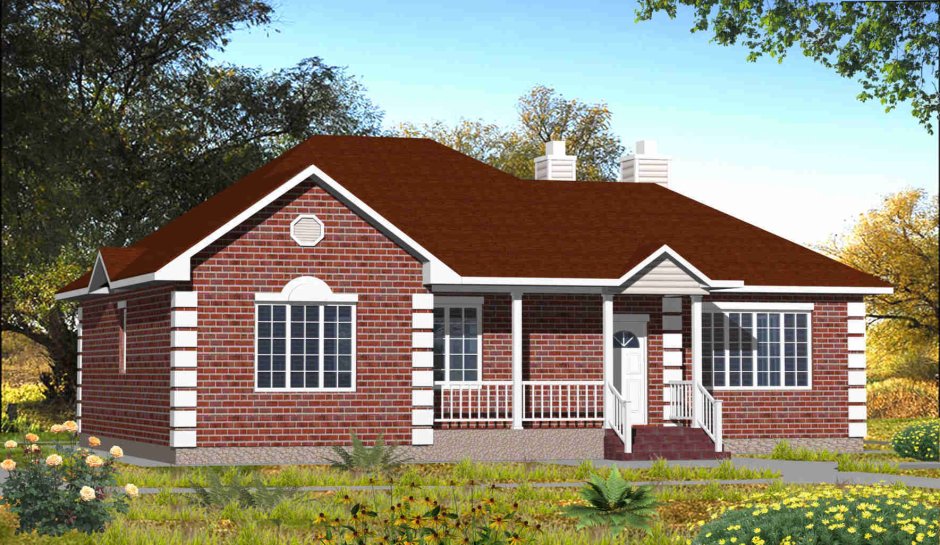 Одноэтажный дом из красного кирпича