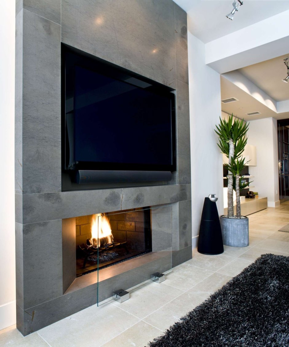 Стенка в гостиную с камином и телевизором