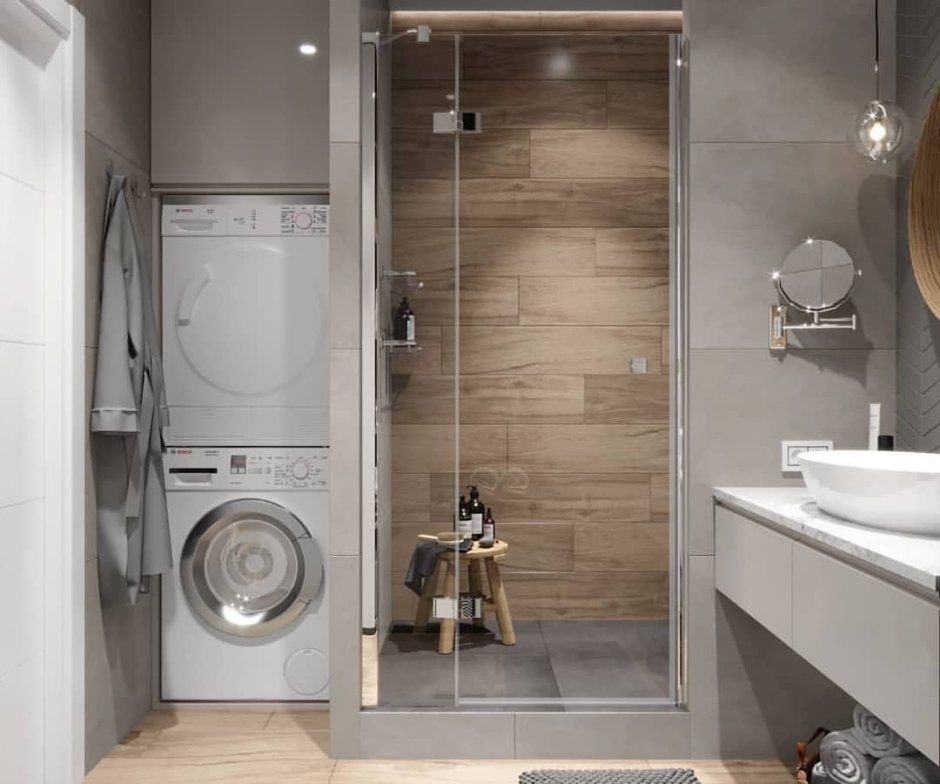 Ванная с душевой кабиной и стиральной