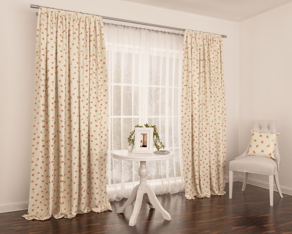 Бежевая тюль в цветочек