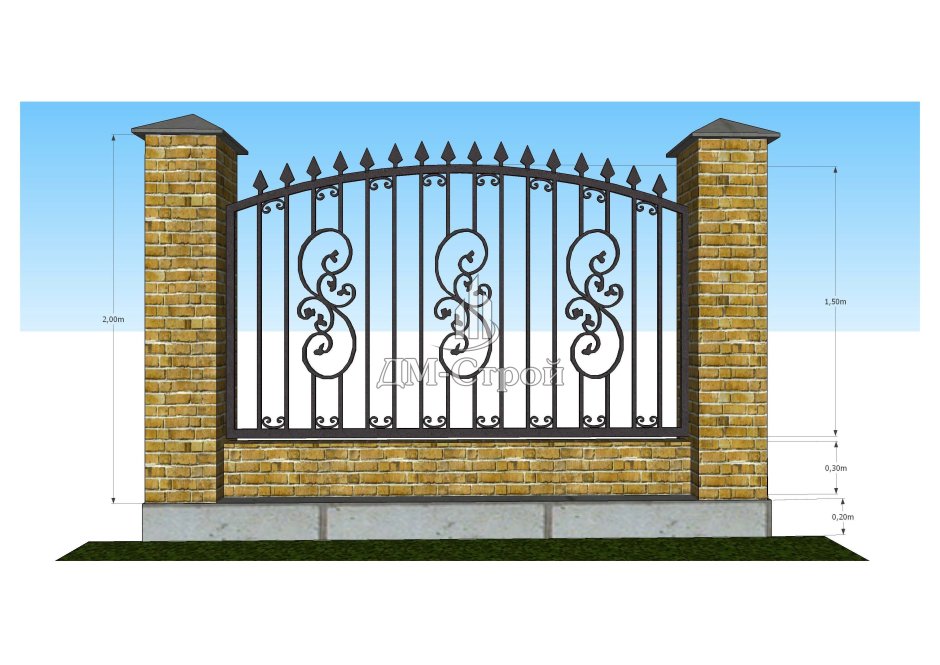 Кирпичный забор с ковкой