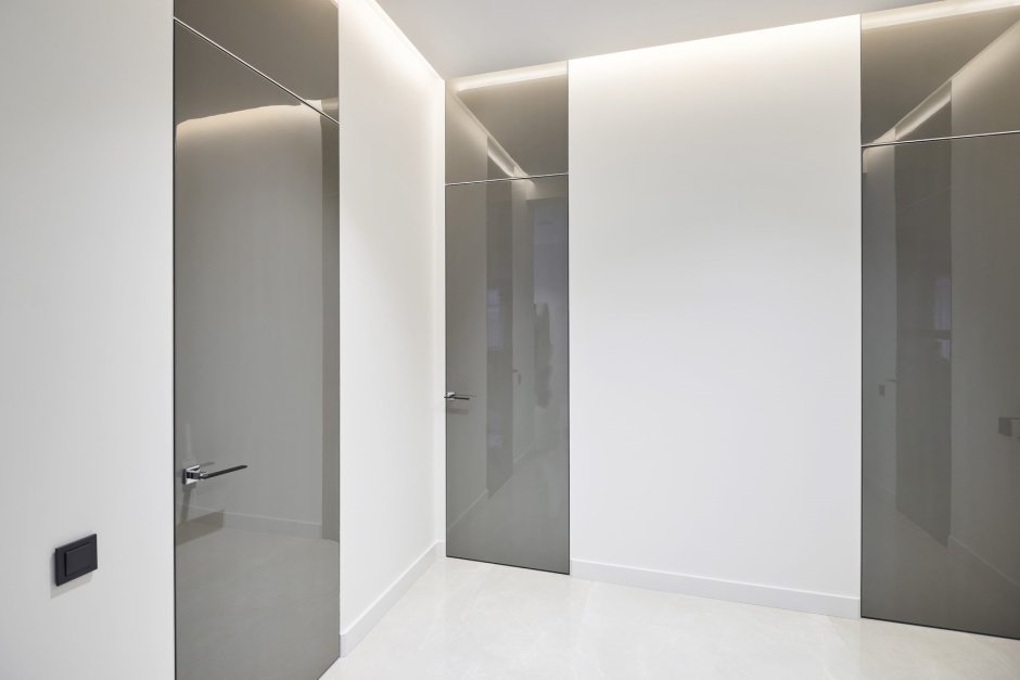 Дверь раздвижная в ванную белая с зеркалом