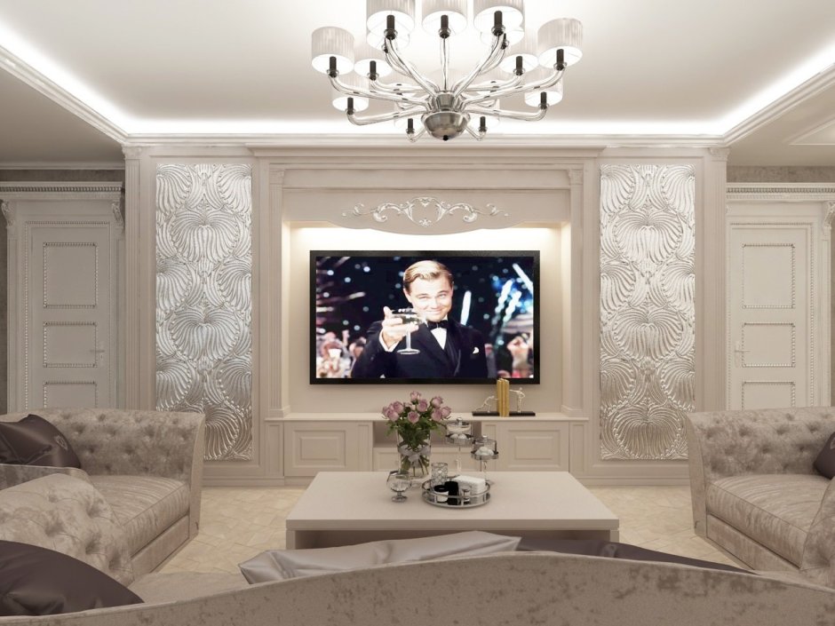 Линкруста в интерьере гостиной в стиле Неоклассика