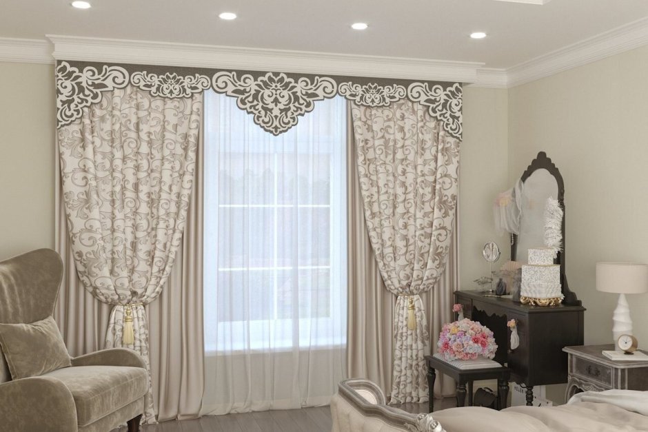 Шторы в комнату с белыми обоями с вензелями