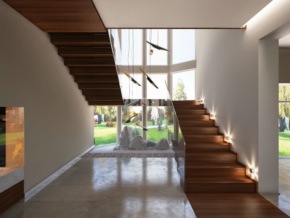 Гостиная с лестницей на второй этаж