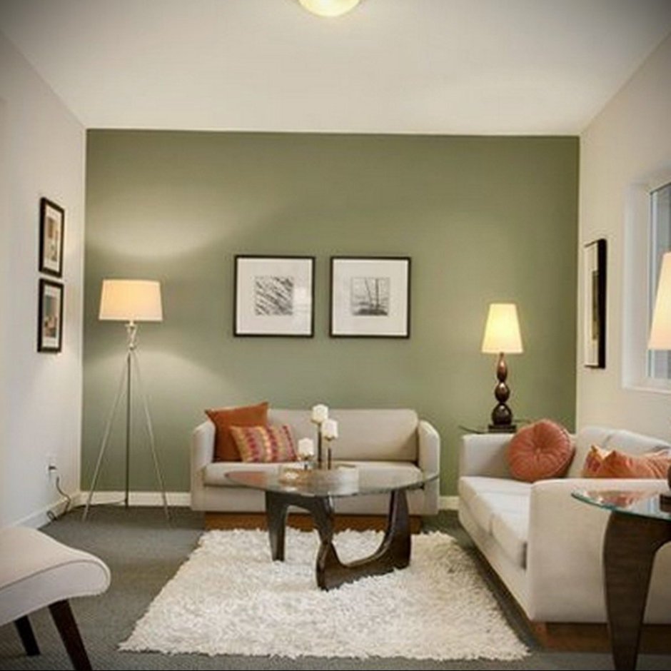Оливковые стены в интерьере гостиной
