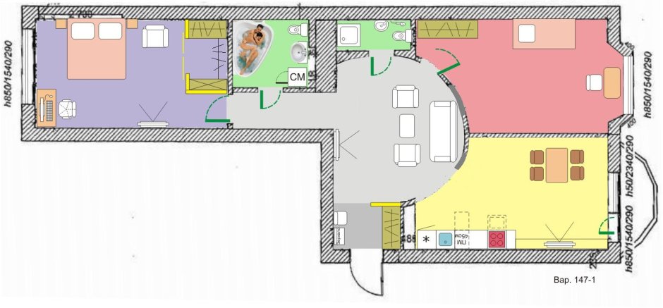 Планировка распашонка двухкомнатная 60кв