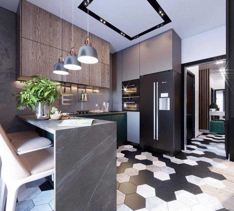 Керамогранит и ламинат на кухне