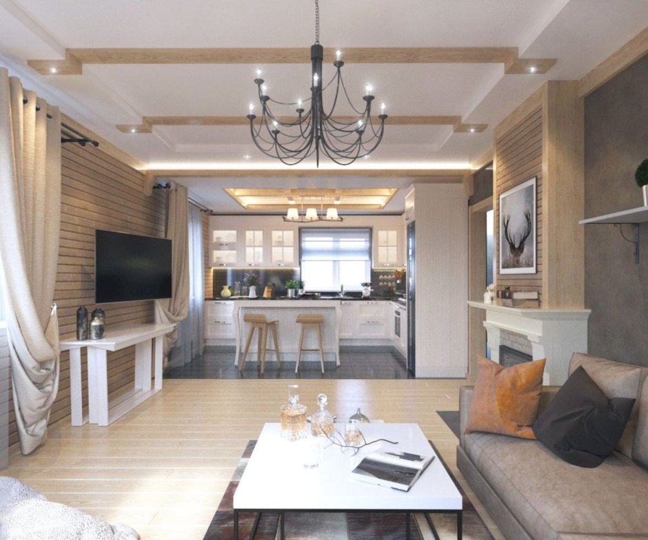 Кухня с гостиной в частном доме