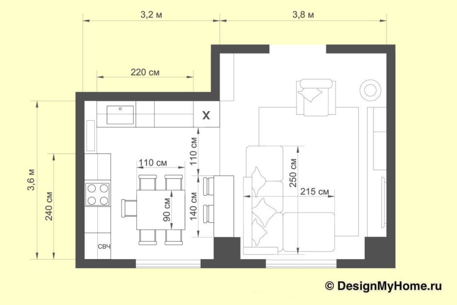 Кухня-гостиная 30м2 планировка